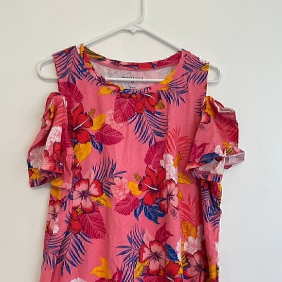 WOMAN WITHIN Plus Size Short Sleeve Cold Shoulder Tee Pink Hawaiian Floral 18 20 - Picture 5 of 15